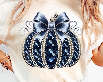 Navy Glitter Pumpkin PNG, Fall Coquette Bow Design (Digital Download)