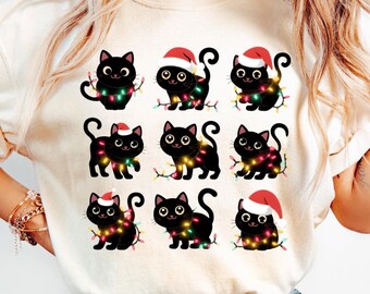 Lustige Weihnachtskatzen mit Lichtern PNG, Geschenk für Katzenliebhaber (Digitaler Download)