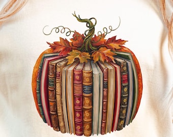 Fall Book Pumpkin PNG, Autumn Reading Design, Vintage Reader Sublimation, Teacher Librarian Download