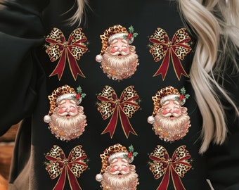 Leopard Santa Bow PNG, Vintage Christmas Pattern, Coquette Holiday Shirt Digital Download