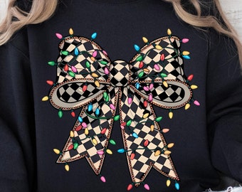 Coquette Christmas Shirt Sublimation Christmas Lights Bow PNG Merry Christmas Sweatshirt Digital Print PNG Checkered Christmas Coquette PNG