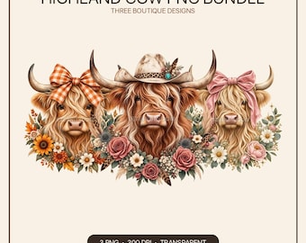 Highland Cow PNG Bundle, 3 Coquette Western and Autumn Cow Sublimation Designs