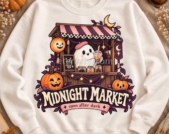 Midnight Market Ghost PNG, Cute Halloween Boba PNG, Spooky Night Market Sublimation, Fall Shirt Design, Digital Download