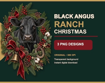 Western Christmas PNG Bundle, Black Angus Cow Wreath, Ranch Holiday Sublimation Designs