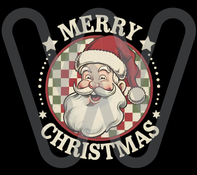 May include: A vintage-style graphic featuring Santa Claus with a red hat and white beard. The image is set within a circular frame with the words "MERRY CHRISTMAS" in a stylized font. The background has a red and green checkered pattern.