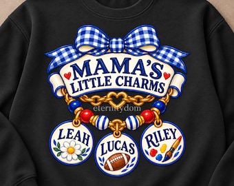 Personalized Mama PNG with Kids Names, Hobby Charms and Blue Gingham Bow Shirt Design
