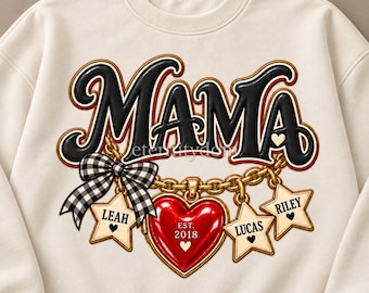 Personalized Mama PNG with Kids Names, Heart and Star Charms, Gingham Bow Shirt Design