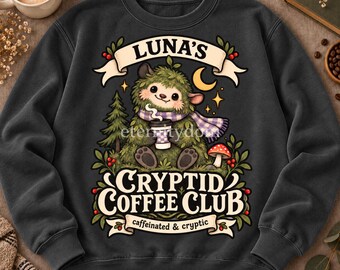 Personalized Cryptid Coffee Club PNG, Custom Name Fall Design, Cute Woodland Monster PNG, Coffee Lover Sublimation Download