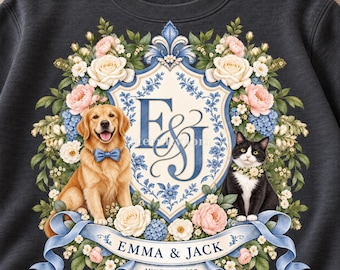 Custom Wedding Crest PNG with Pets, Personalized Floral Monogram, Couple Names and Date