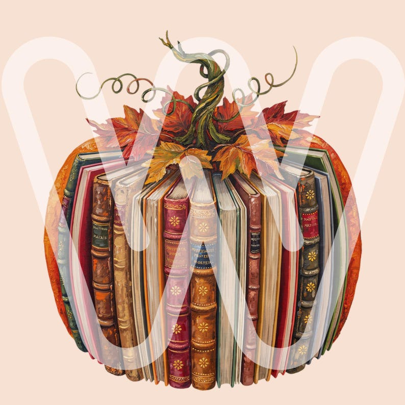 Herfstboek Pompoen PNG T-shirtontwerp, Fantasie Pompoenboek PNG, Retro Herfst Halloween Leraar Clipart, Lezende Pompoen Digitaal, Acrylverf afbeelding 3