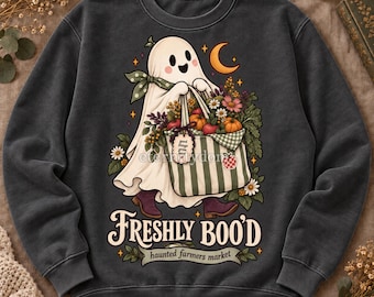 Freshly Boo'd Ghost PNG, Haunted Farmers Market PNG, Cute Fall Produce Tote Design, Halloween Sublimation Download