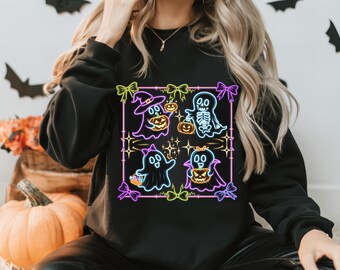 Coquette Halloween Ghost Neon PNG, Girly Bow Design (Digital Download)