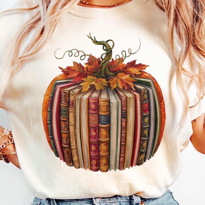 Herfstboek Pompoen PNG T-shirtontwerp, Fantasie Pompoenboek PNG, Retro Herfst Halloween Leraar Clipart, Lezende Pompoen Digitaal, Acrylverf afbeelding 1