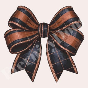 May include: A decorative bow featuring a brown and black plaid design, with gold glitter edging. The bow is tied in the centre and has multiple loops and tails, creating a festive and elegant appearance.