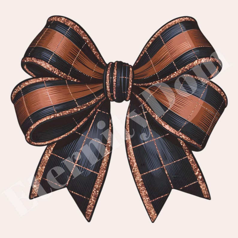 May include: A decorative bow featuring a brown and black plaid design, with gold glitter edging. The bow is tied in the centre and has multiple loops and tails, creating a festive and elegant appearance.