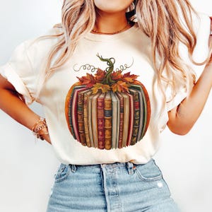 Herfstboek Pompoen PNG T-shirtontwerp, Fantasie Pompoenboek PNG, Retro Herfst Halloween Leraar Clipart, Lezende Pompoen Digitaal, Acrylverf afbeelding 2