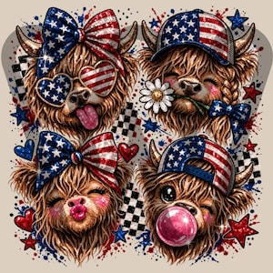4th of July Highland Cow png, 250th Anniversary png, Western 4th of July png, American Flag Png, Usa png, Kids 4th of July, Faux Sequin image 3