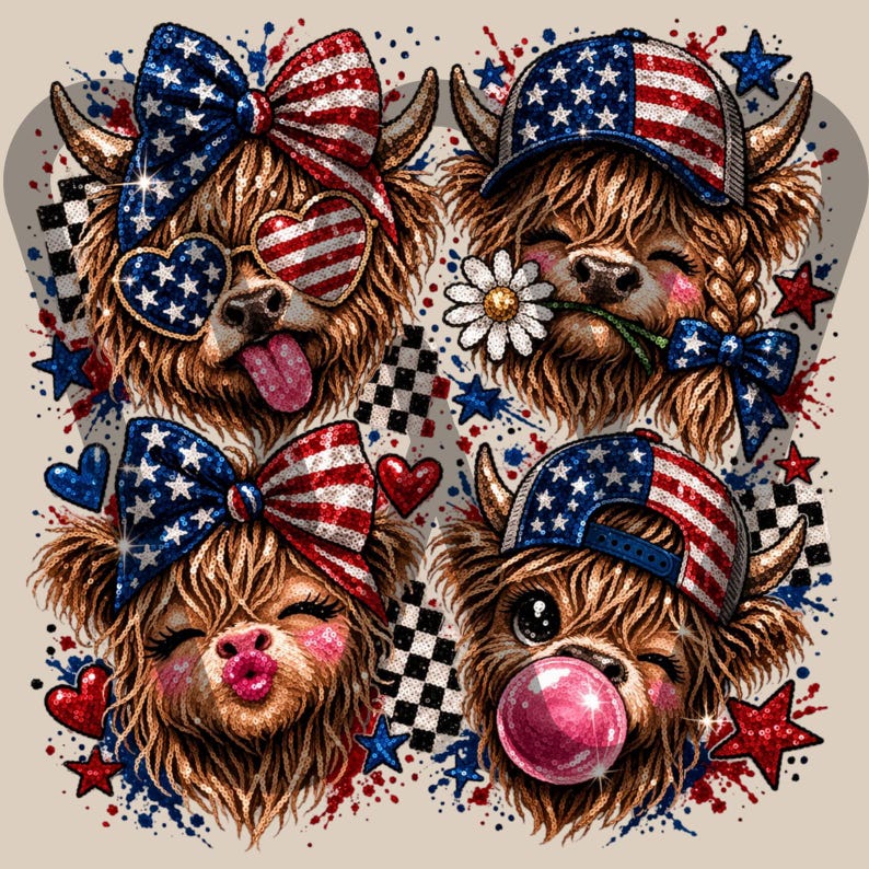 4th of July Highland Cow png, 250th Anniversary png, Western 4th of July png, American Flag Png, Usa png, Kids 4th of July, Faux Sequin image 3