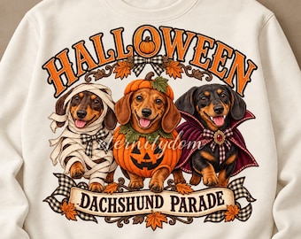 Halloween Dachshund PNG, Dog Costume Parade, Spooky Season Sublimation Shirt Design, Digital Download