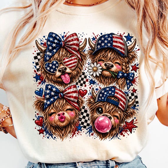 4th of July Highland Cow png, 250th Anniversary png, Western 4th of July png, American Flag Png, Usa png, Kids 4th of July, Faux Sequin