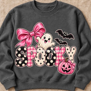 Preppy Pink Spooky PNG, Patchwork Halloween Ghost Bow and Pumpkin, Cute Shirt Design