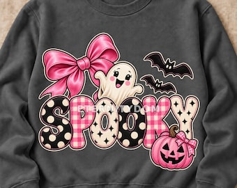 Preppy Pink Spooky PNG, Patchwork Halloween Ghost Bow and Pumpkin, Cute Shirt Design