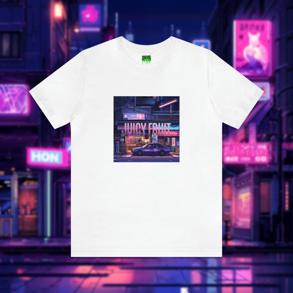 Vaporwave Neon City Cyberpunk Pixel Art Cars Chinatown - Juicy Fruit - Short Sleeve Tee