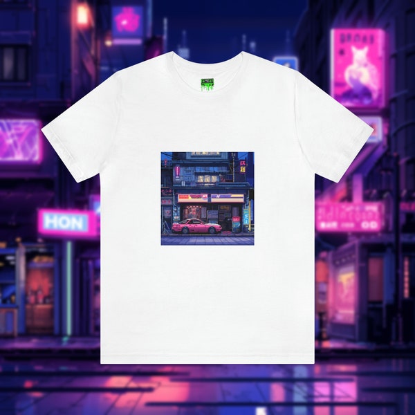 Vaporwave Neon City Cyberpunk Pink Pixel Art Cars Chinatown - Mr Macintosh - Short Sleeve Tee