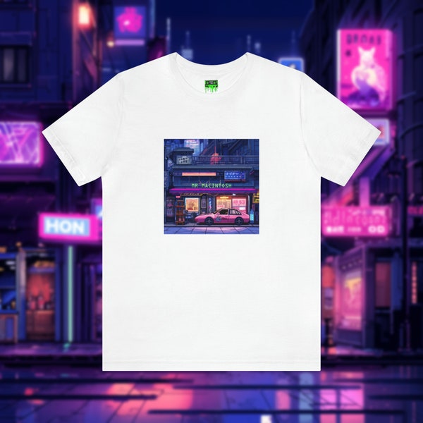 Vaporwave Neon City Cyberpunk Pixel Art Pink Cars Chinatown - Mr Macintosh - Short Sleeve Tee