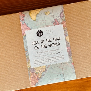 May include: A travel murder mystery game called "Peril at the Edge of the World" by Murder by Post. The box features a vintage world map with a black and white logo of a compass. The game is for 1-4 players and has a difficulty rating of 5 out of 5.