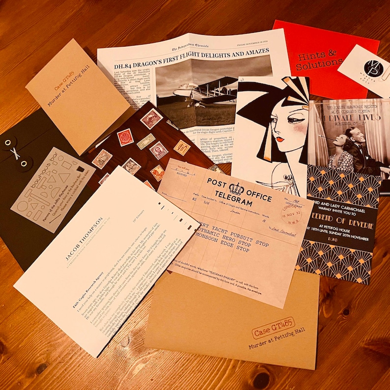 May include: A collection of papers and cards related to a murder mystery game. The papers include a newspaper article, a telegram, an invitation, and a note. The cards include a business card and a card with a drawing of a woman.