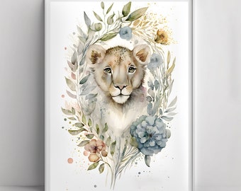 Lion Printable Art, Baby Animal, Arte della parete della scuola materna, Stampe della scuola materna, Arte della parete per bambini, arredamento stampabile, idea regalo per bambini, stampe boschive, carine