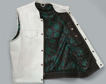 Handmade White Hampton Leather Vest - Green Paisley Arms Braided Motorcycle Vest