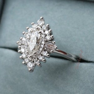 Marquise Cut Cluster Halo Moissanite Engagement Ring, Tapper Baguette Cut Moissanite Bridal Set Ring, Double Halo Moissanite Surprise Ring.