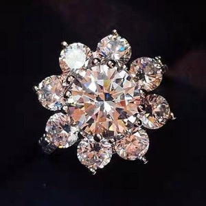 2.40 Carat Round Cut Moissanite Halo Floral Style Ring, Colorless Moissnite Engagement Ring, Sterling Silver Round Ring for Anniversary Gift
