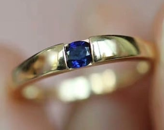 2.00 Carat Blue Sapphire Round Cut Gemstone Ring, Tension Set Engagement Ring in 14K Yellow Gold, Marriage Proposal Ring For Girlfriend.