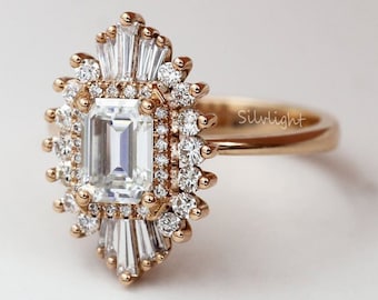 Emerald Cut Moissanite Engagement Ring, Double Halo, Solid Gold