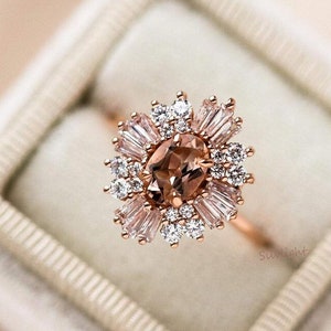 Anillo vintage de morganita ovalada color champán, anillo de compromiso en racimo de oro rosa