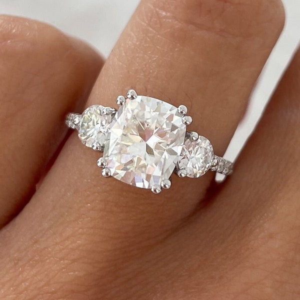 2.90 Carat Elongated Cushion Cut Moissanite Trilogy Ring, Two Round Cut Side Stone Engagement Ring, Three Stone Promise Ring For Girlfriend.