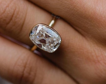 3.40 Carat Old Mine Elongated Cushion Cut Moissanite Solitaire Ring, Bezel Set Moissanite Engagement Ring, 14K Yellow Gold Wedding Ring.
