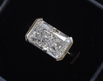 5.19 CT Radiant Cut Moissanite East West Solitaire Ring, Half Bezel Set Moissanite Engagement Ring, 14KT Solid Gold Marriage Proposal Ring.