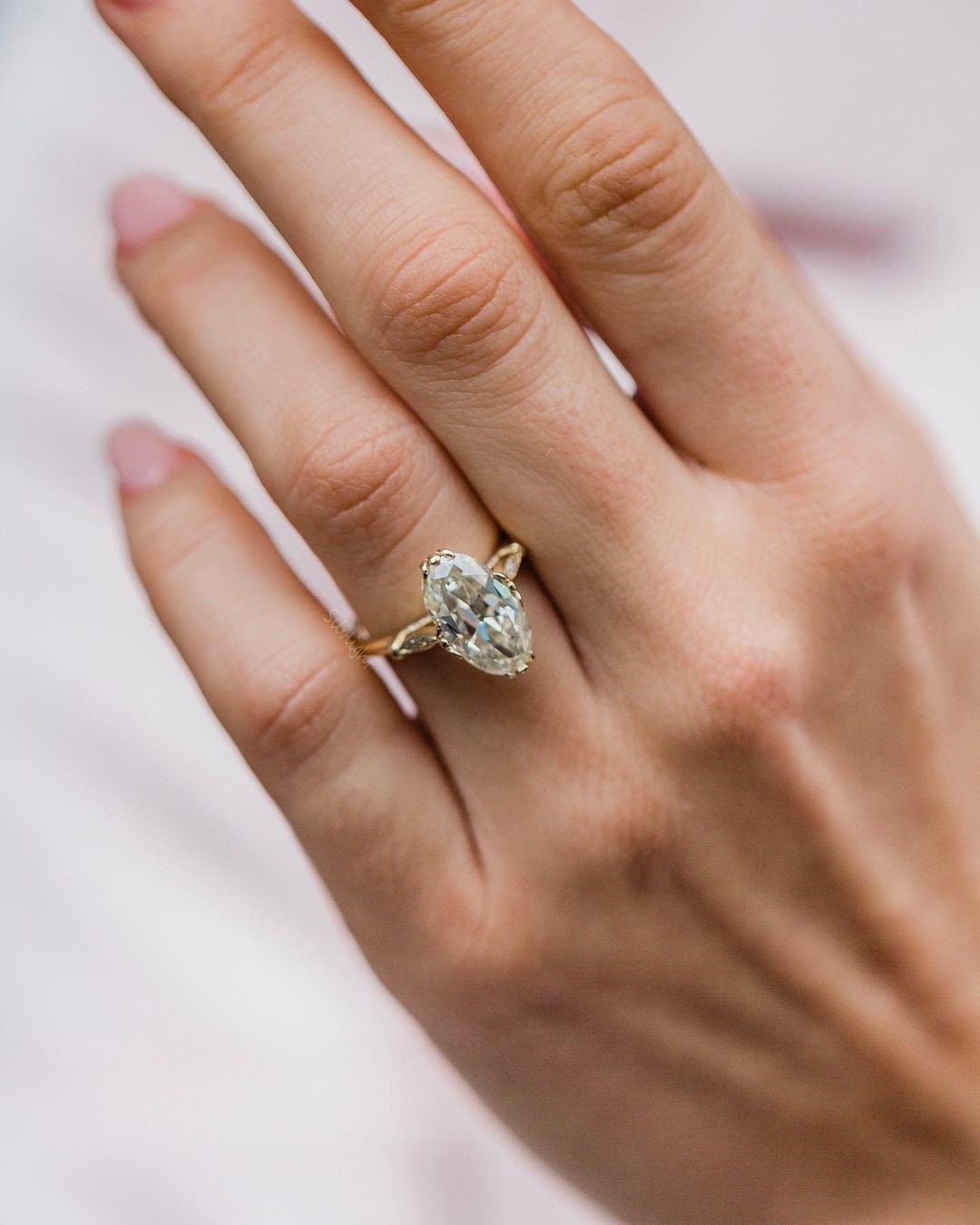 4.00 Carat Old Mine Moval Cut Moissanite Solitaire Ring, Unique Engagement Ring For Her, Round Cut Accent Moissanite 14K Yellow Gold Ring.