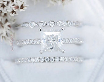 2.00 Carat Princess Cut Moissanite Trio Bridal Ring Set, With Matching Two Elegant Moissanite Wedding Band, 14KT White Gold Women Ring Set.