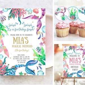 Mermaid Under the sea Birthday Party Bundle Invitation Mermaid Invite Favor Tags Mermaid Birthday Under The Sea Girl Pink Purple PRINTABLE