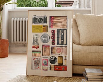 Retro Matchbox Collage Print, Vintage Wall Art (Digital Download)