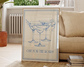 Lámina artística de cóctel retro, decoración para carrito de bar azul (descarga digital)