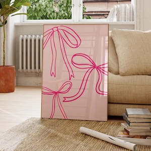 Roze handgetekende strikken digitale prints, coquette roze strik afdrukbare posters, trendy schattige balletcore slaapkamer muurkunst, universiteitsappartement