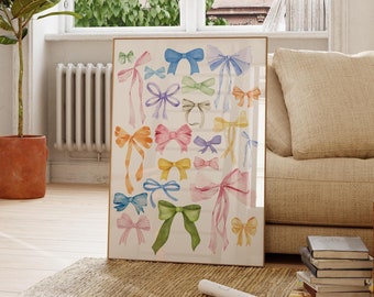 Colorful Watercolor Bows Print: Chinoiserie Coastal Wall Art (Digital Download)