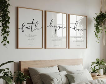 Set of 3 Faith Hope Love Bible Verse Wall Art Prints, Hebrews 11, Jeremiah 29 11, John 3 16, Scripture Home Decor, Christian Wall Art