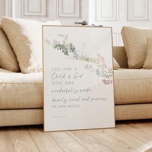 Psalm 139, Bible Verse Wall Art, Scripture Print, Christian Gift, You are a Child of God Wonderfully Made Dearly Loved, Watercolor Landscape